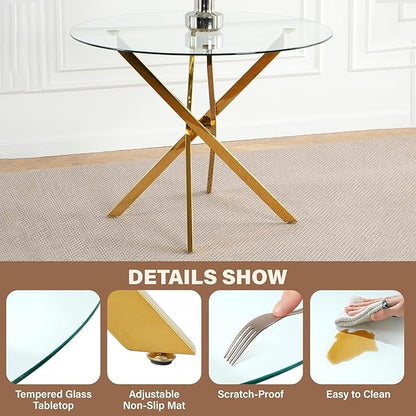 36-Inch Round Tempered Glass Dining Table for 2-4 Person Space-Saving Small Kitchen Table with Heavy-Duty Metal Legs Perfect for Dining Room, Apartment, Condo(Gold)