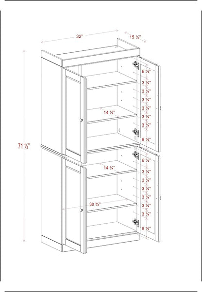 Palace Imports Solid Wood Kitchen Pantry Cabinet - 71.5" Tall x 32" Wide - Wooden Storage Cabinet with 4 Raised Panel Doors & Adjustable Shelves, Off White, Renewable Eco-Friendly, Modular Cabinets