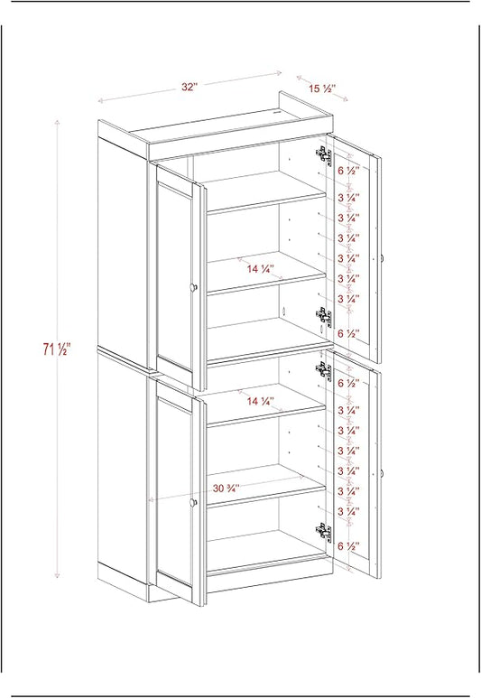Palace Imports Solid Wood Kitchen Pantry Cabinet - 71.5" Tall x 32" Wide - Wooden Storage Cabinet with 4 Raised Panel Doors & Adjustable Shelves, Off White, Renewable Eco-Friendly, Modular Cabinets