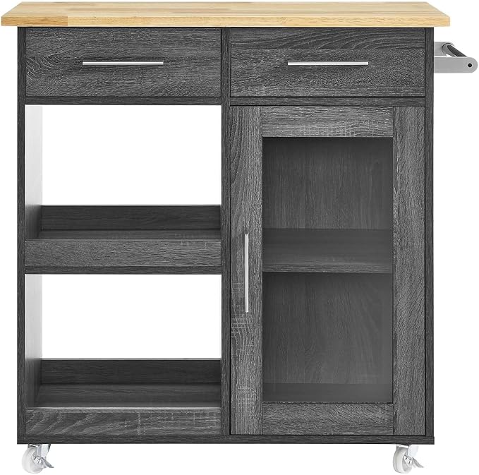 Modway Culinary Rolling Kitchen Cart with Storage in Charcoal Natural - 3 Tiers Kitchen Island on Wheels with Towel Bar, Functional as a Coffee Station, Bar Cabinet or Butcher Block Island