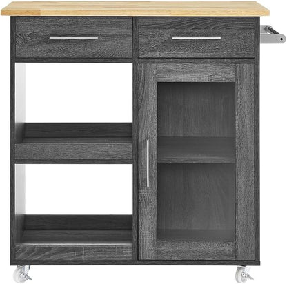 Modway Culinary Rolling Kitchen Cart with Storage in Charcoal Natural - 3 Tiers Kitchen Island on Wheels with Towel Bar, Functional as a Coffee Station, Bar Cabinet or Butcher Block Island