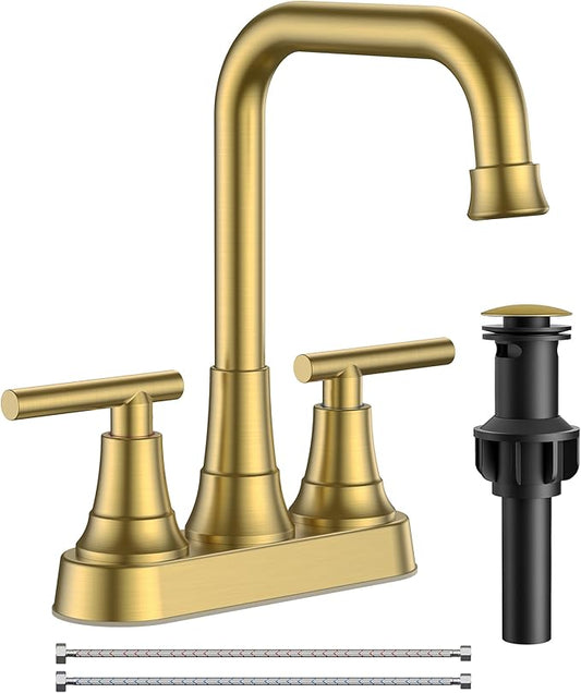 FORIOUS 4 Inch Bathroom Sink Faucet 2 Hole, Brushed Gold Vanity Faucet with Pop-Up Drain, ADA Compliant Centerset Sink Faucet for Bathroom Vanity RV Powder Room