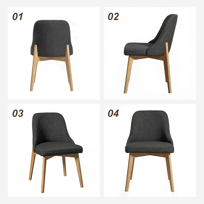 Casaphoria Set of 2 Upholstered Dining Chairs, Dark Grey Fabric Kitchen Chairs with Oak Wood Legs, Modern Accent Chairs for Dining Room, Living Room or Kitchen