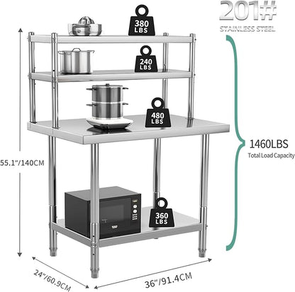 YITAHOME NSF Stainless Steel Table with Overshelf, 36" X 24" Work Table and 36" X 12" Shelf, Metal Prep Table for Home, Kitchen, Restaurant, Garage, Warehouse