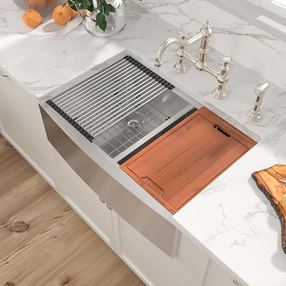 Sarlai 33 Farmhouse Sink Double Bowl - 33x22 Inch Farm Kitchen Sink Ledge Workstation Low Divide Two Basin 50/50 16 Gauge Stainless Steel Apron Front Farmer Sinks with Accessories