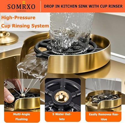 33×22 Drop In Kitchen Sink with Faucet Combo-Stainless Steel Gold Drop In Sink with Cup Washer, 9 Inch Deep Single Bowl Kitchen Sinks and Faucets Combo Set,Top Mount Design for Modern Kitchens