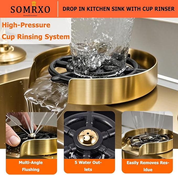 36×22 Drop In Kitchen Sink with Faucet Combo-Stainless Steel Gold Drop In Sink with Cup Washer, 9 Inch Deep Single Bowl Kitchen Sinks and Faucets Combo Set,Top Mount Design for Modern Kitchens