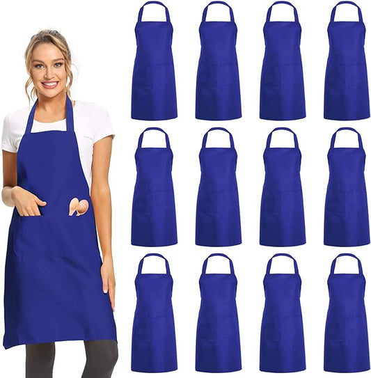 DUSKCOVE 12 Pack Plain Bib Aprons with 2 Pockets - Blue Unisex Commercial Apron Bulk for Kitchen Cooking Restaurant BBQ Painting Crafting