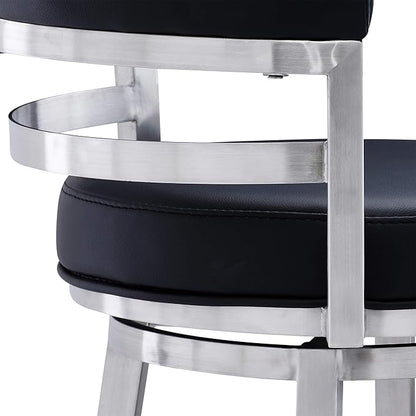 Armen Living Madrid 30" Seat Height Swivel Modern Black Faux Leather and Brushed Stainless Steel Bar Stool for Kitchen Island Counter