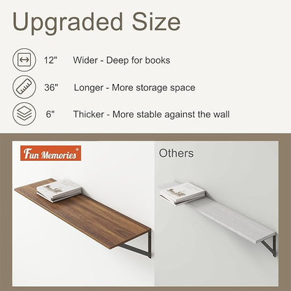 36"W x 12"D Floating Shelves, White Deep Floating Shelves for Wall with Brackets, 12 Inch Deep Wall Shelves for Books, Wide Display Storage Shelves for Bathroom, Living Room, 36 Inch Long, Set of 2