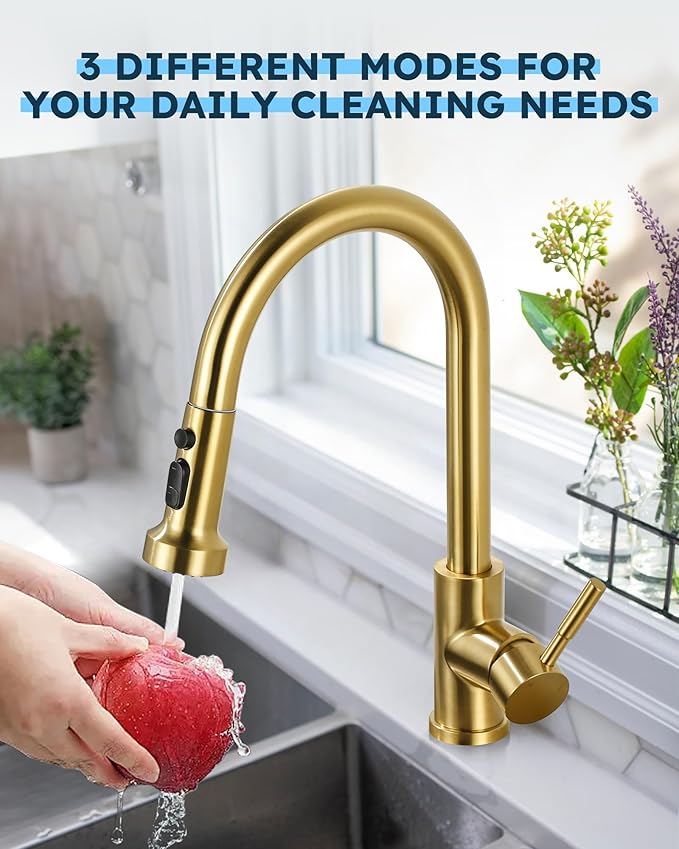 Stainless Steel Kitchen Faucet Head: ARCORA 3-Function Kitchen Faucet Head Replacement with 13 Adapters - Brushed Gold Pull Down Spray Head Compatible with Moen, Delta, American Standard Faucets