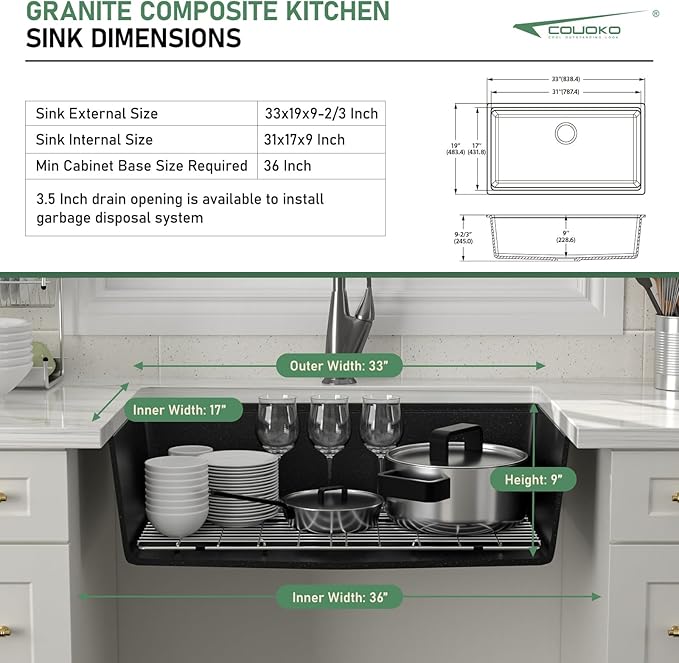 33 Inch Black Undermount Kitchen Sink Workstation - Couoko 33"x19" Black Granite Composite Kitchen Sink Quartz Classic Under Counter Single Bowl Kitchen Sinks Basin with Luxury Accessories