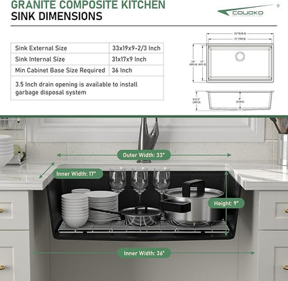33 Inch Black Undermount Kitchen Sink Workstation - Couoko 33"x19" Black Granite Composite Kitchen Sink Quartz Classic Under Counter Single Bowl Kitchen Sinks Basin with Luxury Accessories