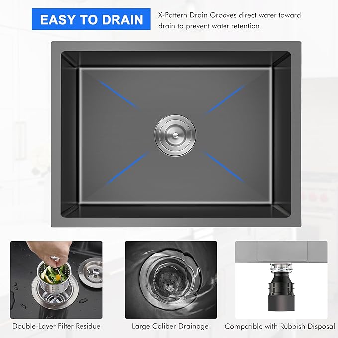 MENATT 22 inch Undermount Kitchen Sink Black, 18-Gauge Stainless Steel Handmade Single Bowl Kitchen Bar Sink Undermount, 22"x18"x9"