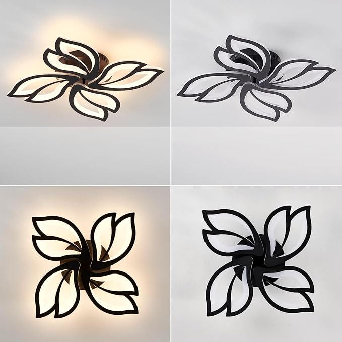 Modern Black Ceiling Light Fixture, 24" Flower Dimmable LED Light Fixtures, Low Profile Flush Mount Ceiling Light with Remote Control for Bedroom, Kitchen, Living Room