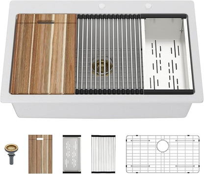 Mocoloo 33 Inch Drop in Workstation Kitchen Sink, 33x22 White Granite Composite Quartz Single Bowl Topmount Ledge Sink Above Counter