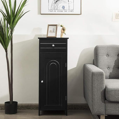 Bathroom Floor Cabinet, Freestanding Side Floor Storage Cabinet, 1 Large Drawer and 2 Adjustable Shelves, Modern Storage Cabinet Bathroom Storage Cabinet for Narrow Space (Black)