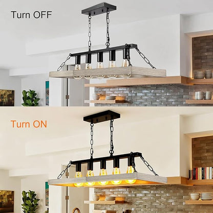 Rustic Farmhouse Chandelier for Dining Room, 31.5" Linear 5-Light Black Metal with Retro Wood Finish, Industrial Hanging Pendant Light Fixture for Kitchen Island Over Table (E26)