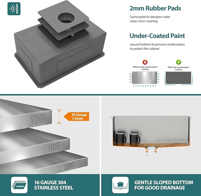 27x18 Inch Undermount Kitchen Sink 16 Gauge 304 Stainless Steel Handmade Single Bowl Deep Basin Modern Under Counter Design