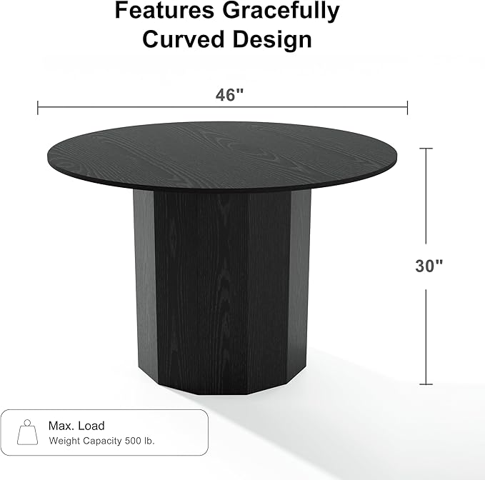 Casaphoria 46" Round Dining Table, Modern Wood Kitchen Table with Cylinder Polygonal Base for Living Room & Dining Room, Easy Assembly Farmhouse Furniture for 4-6, Black