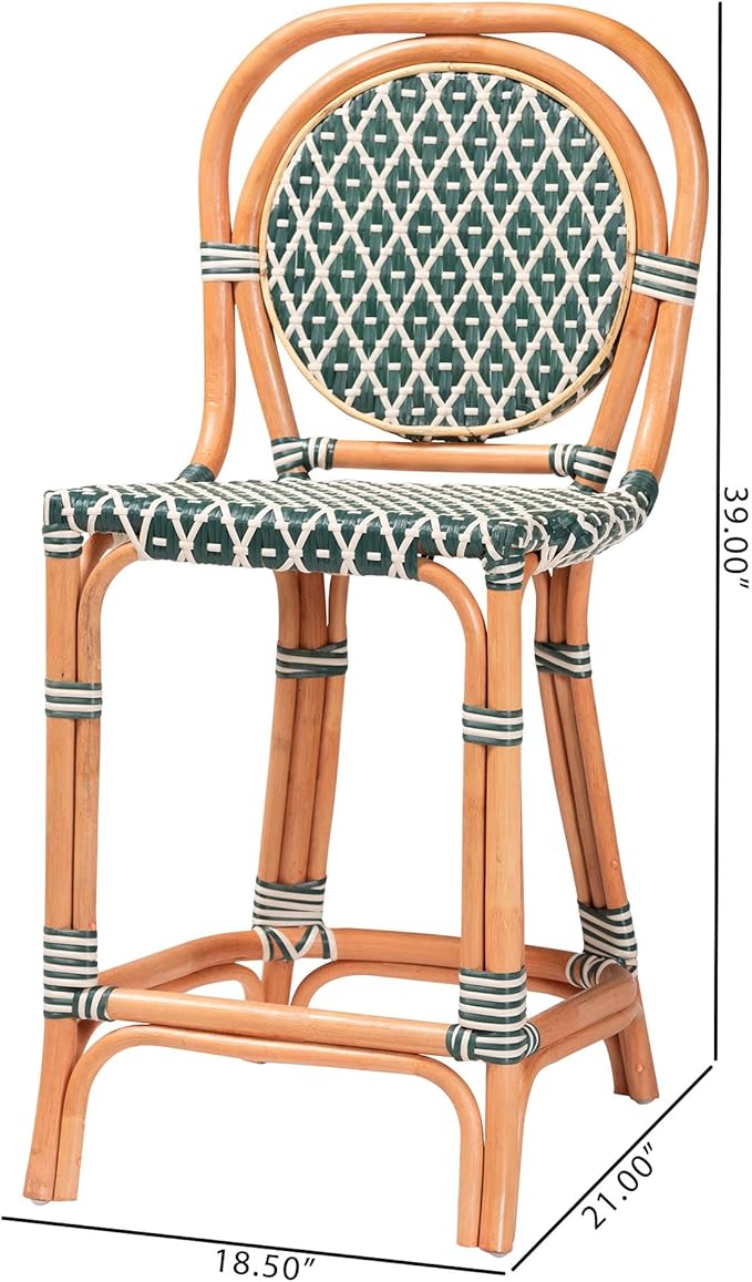 Bali & pari Mattie Rattan Bistro Counter Stool - Handwoven Accent Seating with Backrest for Kitchen Island or Indoor/Outdoor Lounge, Dark Teal Green & White