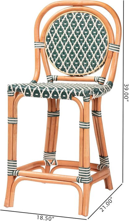 Bali & pari Mattie Rattan Bistro Counter Stool - Handwoven Accent Seating with Backrest for Kitchen Island or Indoor/Outdoor Lounge, Dark Teal Green & White
