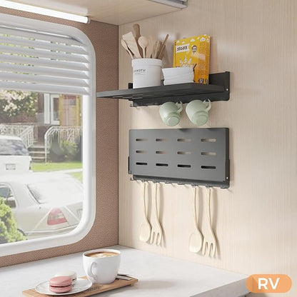Folding Metal Shelf with Hooks, Wall Mounted Laundry Room Shelf, 8 Hooks & 90° Fold Up, Fold-Down for Rv, Bathroom, Kitchen, Garage, Space Saving, Small Space, Black（17.0", 1 Pack）