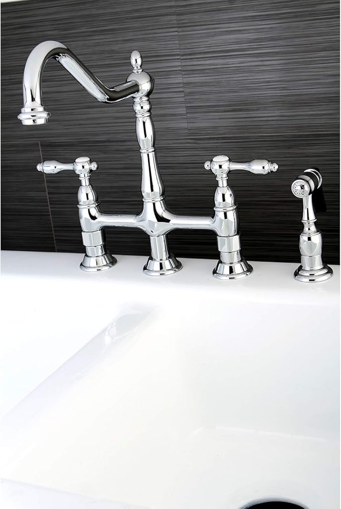 Kingston Brass KS1271TALBS Tudor 8 Inch Center Kitchen Faucet With Brass Sprayer, Polished Chrome, 8-3/4 inch in Spout Reach, Polished Chrome