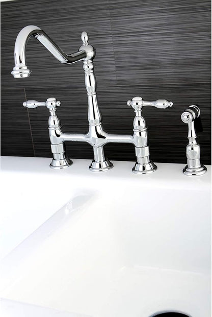 Kingston Brass KS1271TALBS Tudor 8 Inch Center Kitchen Faucet With Brass Sprayer, Polished Chrome, 8-3/4 inch in Spout Reach, Polished Chrome
