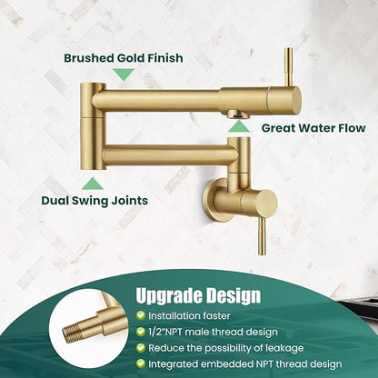 Heyalan Pot Filler 19 Inch Wall Mount Folding Stretchable Kitchen Restaurant Faucet Stainless Steel Pot Filler Double Joint Swing Arm Two Handles Commercial NPT,Straight Handle,Brushed Gold
