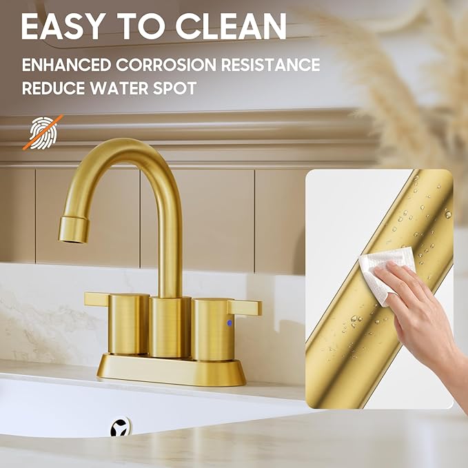 Brushed Gold 4 Inch 2 Handle Centerset Lead-Free Bathroom Faucet, Swivel Spout with Copper Pop Up Drain and 2 Water Supply Lines, BF015-1-BG