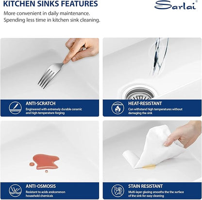 Sarlai 33 White Farmhouse Kitchen Sink Curved Apron - 33 Inch Apron Front Kitchen Sinks White Ceramic 33x19 Single Bowl Porcelain Vitreous Fireclay Farm Sink Basin