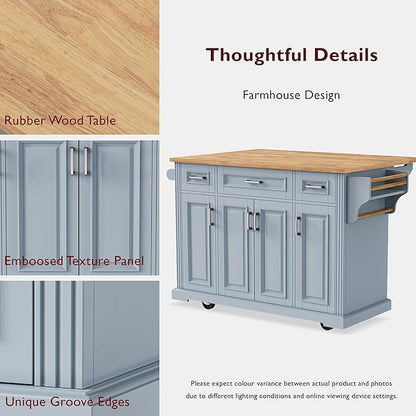 JIJIWANG 54" Large Kitchen Island with Drop Leaf and Storage, Embossed Texture Rolling Kitchen Cart on 4 Wheels with 4 Doors and 3 Drawers for Dining Room, Grey Blue