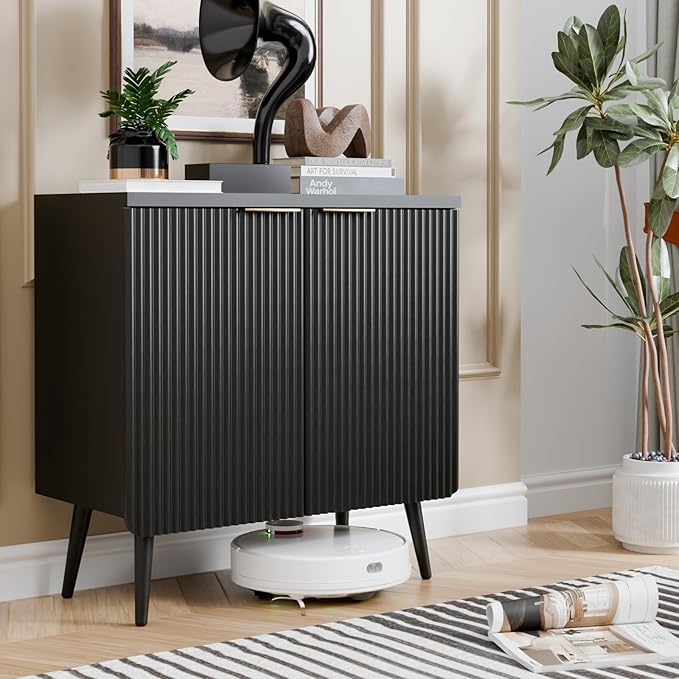 29.5" Modern Fluted Sideboard - Wood Buffet Cabinet with 2 Doors & Adjustable Shelves, Multi-Space Storage Credenza for Living Room, Dining Room & Entryway, Black
