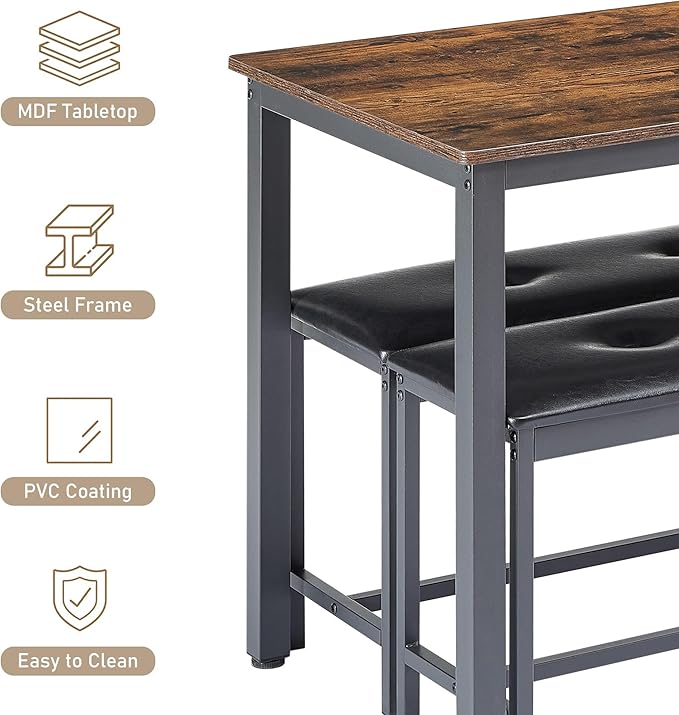 Dining Table Set for 4, Wood Kitchen Table & Chair with 2 Upholstered Benches for Breakfast Nook and Small Space, Brown