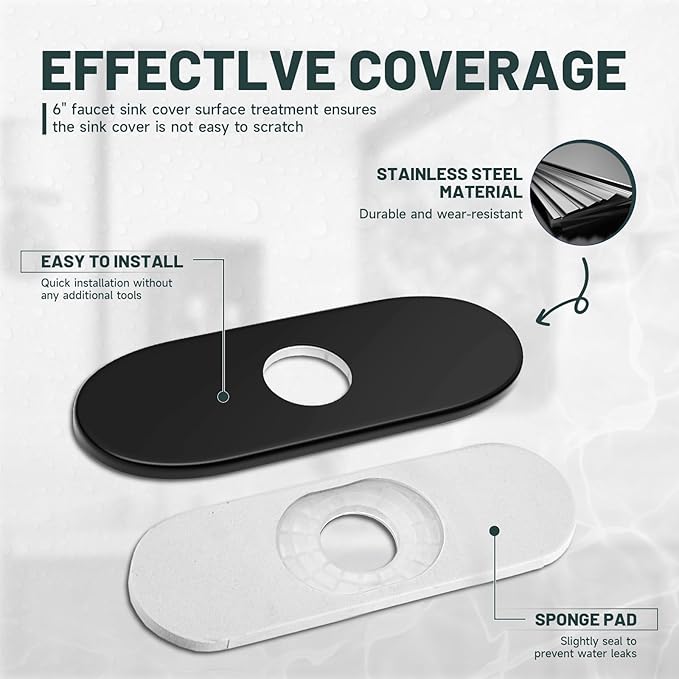 6 Inch Matte Black Sink Hole Cover, Greenspring 4" Hole Cover Deck Plate, Round Bathroom Faucet Deck Plate, Faucet Escutcheon for Bathroom or Kitchen Vanity Sink Faucet Stainless Steel