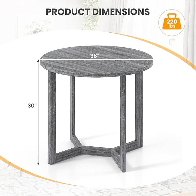 36’’ Round Dining Table, Dinner Table for 4 w/Rubber Wood Legs & Wing-Shaped Frame, Farmhouse Kitchen Table for Dining Living Room, Apartment, Bar, Restaurant, Bistro (Gray)