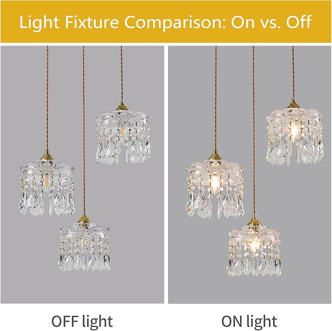 3-Light Brass Vintage Glass Pendant, Crystal Pendant Light, Adjustable Height Lighting for Kitchen Island, Dining Room, Farmhouse, Living Room (Round Chassis)