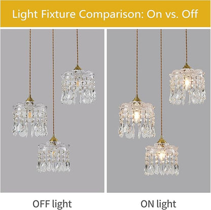 3-Light Brass Vintage Glass Pendant, Crystal Pendant Light, Adjustable Height Lighting for Kitchen Island, Dining Room, Farmhouse, Living Room (Round Chassis)
