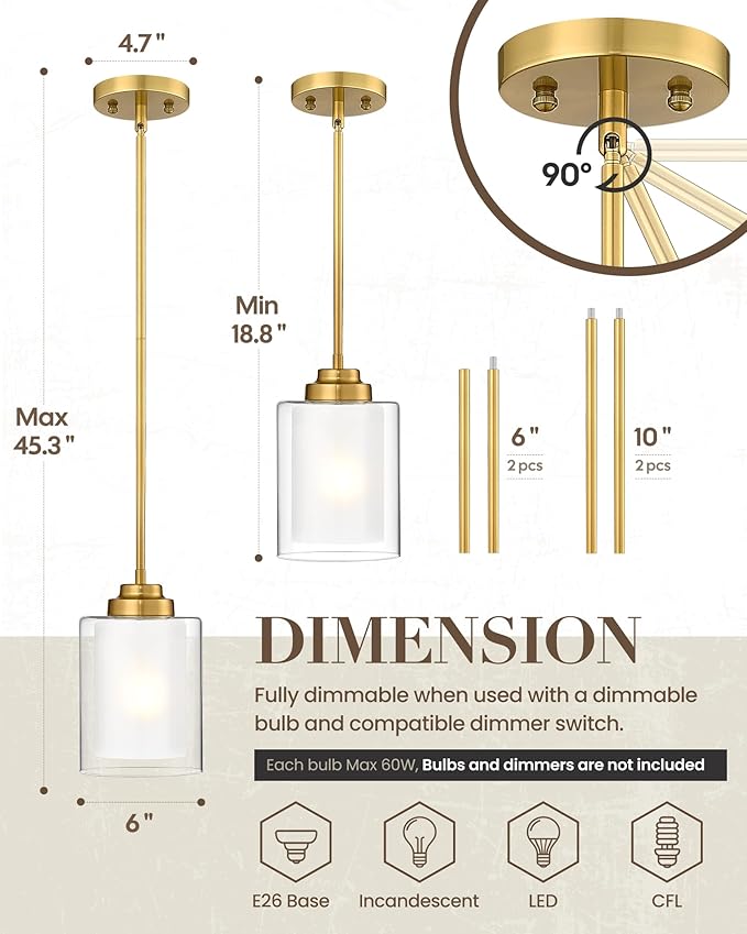 TENGXIN Modern Pendant Light, 6-in Brushed Gold Modern Pendant Light for Kitchen Island, Hanging Ceiling Light Fixture, Farmhouse Pendant Lighting for Dining Room Bedroom Bar Office,TXPLBG02-L