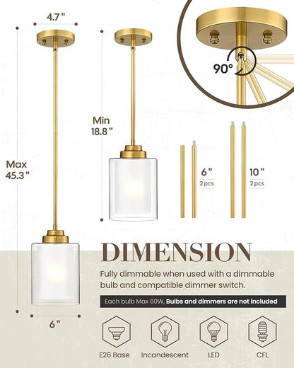 TENGXIN Modern Pendant Light,6-in Brushed Gold Modern Pendant Light for Kitchen Island,Hanging Ceiling Light Fixture,Farmhouse Pendant Lighting for Dining Room Bedroom Bar Office 2Pack,TXPLBG02-2PK-L