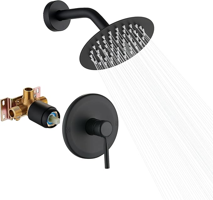 Matte Black Shower Faucet Set with 6 Inch Rainfall Showerhead, Shower Valve Kit for Bathroom Stainless Steel Black Showerhead and Handle Set