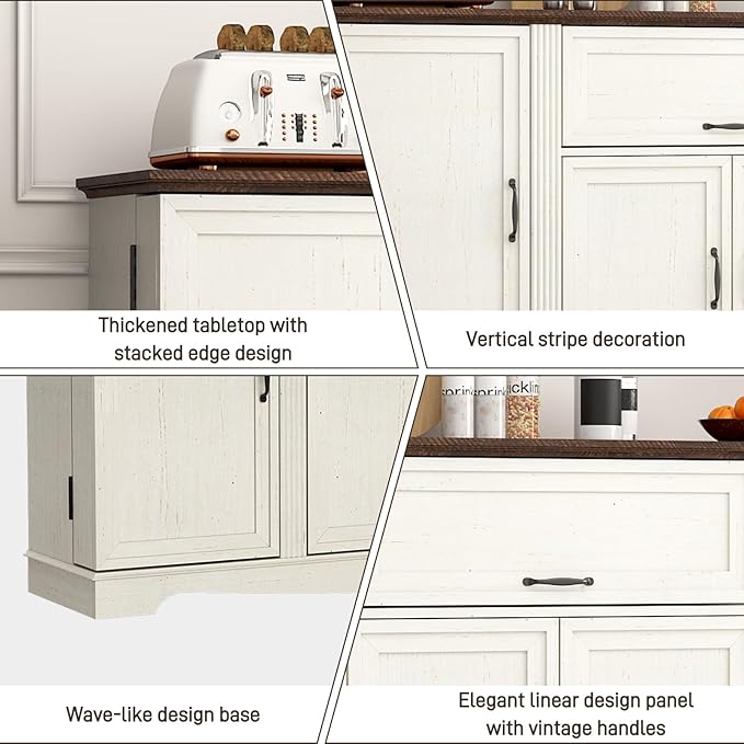 65" Sideboard Buffet Cabinet with Storage, Farmhouse Kitchen Pantries Sideboard Cabinets with Drawer, Wood Coffee Bar Cabinet with Adjustable Shelves, Storage Cabinets for Kitchen, Antique White