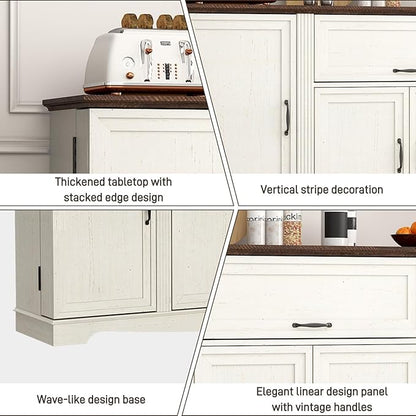 65" Sideboard Buffet Cabinet with Storage, Farmhouse Kitchen Pantries Sideboard Cabinets with Drawer, Wood Coffee Bar Cabinet with Adjustable Shelves, Storage Cabinets for Kitchen, Antique White