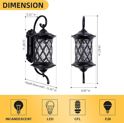 NLIEOPDA Retro Large Outdoor Wall Lanterns 24" Exterior Light Fixtures Coach Light Waterproof Aluminium with Water Glass Outside Wall Lamps for House Front Door Garage Porch Lighting, Black