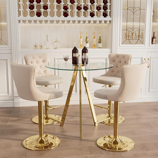 yeag 31.5'' Modern Round Glass Bar Table Set for 4, Luxury Gold Bistro Pub Table & 4 Adjustable Metal Bar Stools Velvet Swivel Counter Height Stools (Gold Metal Legs, Clear Top + Beige Chair)