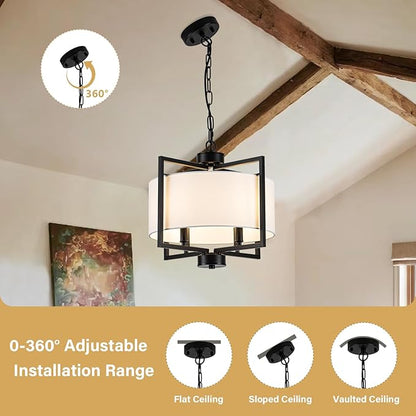 Modern Drum Chandelier Kitchen Island Lights, 4 Light Adjustable Rustic Island Pendant Lighting, Black Farmhouse Dining Room Hanging Light Fixture for Bedroom Living Room Hallway