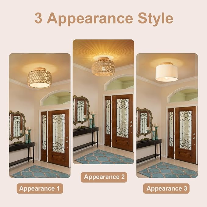Boho Rattan Flush Mount Ceiling Lights 12 Inch Farmhouse Ceiling Light Fixtures Rustic Wicker Hand Woven Rope Cage for Dining Room Kitchen Bedroom Foyer Hallway Entryway