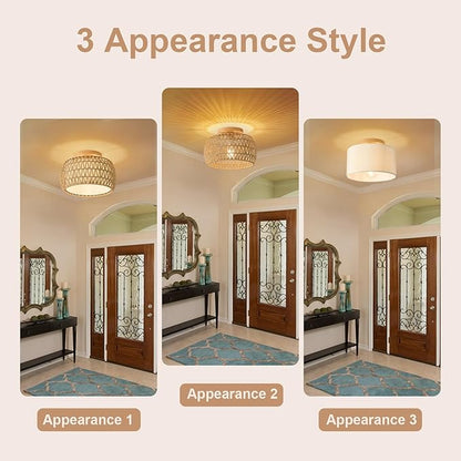 Boho Rattan Flush Mount Ceiling Lights 12 Inch Farmhouse Ceiling Light Fixtures Rustic Wicker Hand Woven Rope Cage for Dining Room Kitchen Bedroom Foyer Hallway Entryway