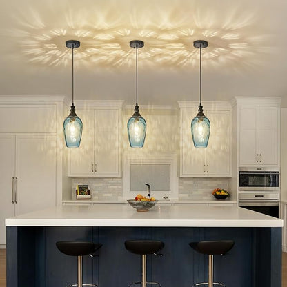 Pendant Lights Kitchen Island, Hanging Lighting Fixtures Dark Blue Water Ripple Glass Lamp Shade Black Pendant Light Fixtures for Kitchen Island Bedroom Living Dining Room Light Fixture